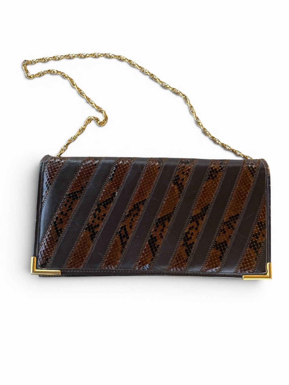 Vintage 70s/80s Brown Snakeskin & Leather Patchwork Clutch Shoulder bag